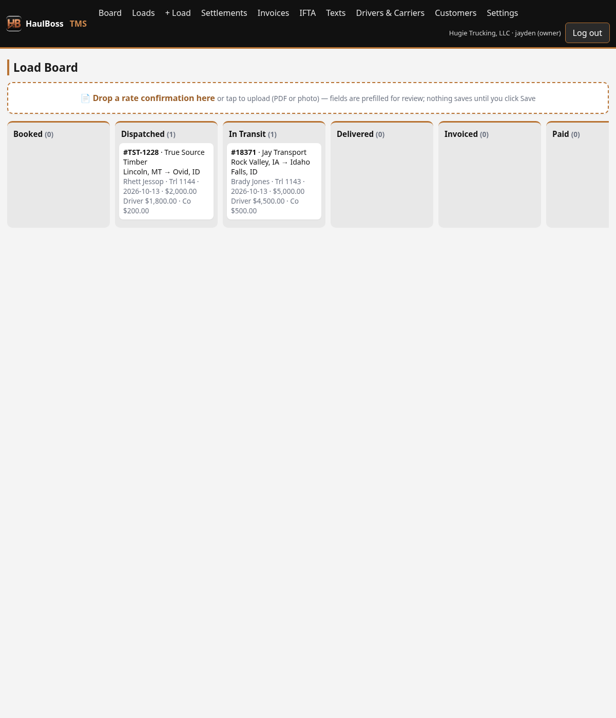 HaulBoss load board showing loads by status